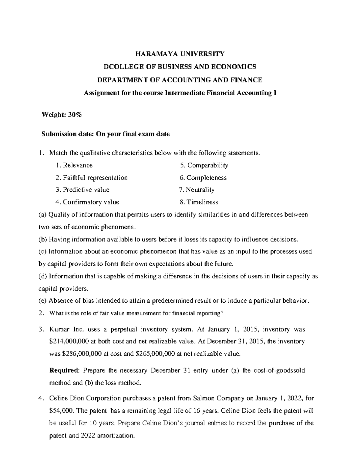 IFA-I Assignment - Intermediate Financial Accounting I Study Guide ...