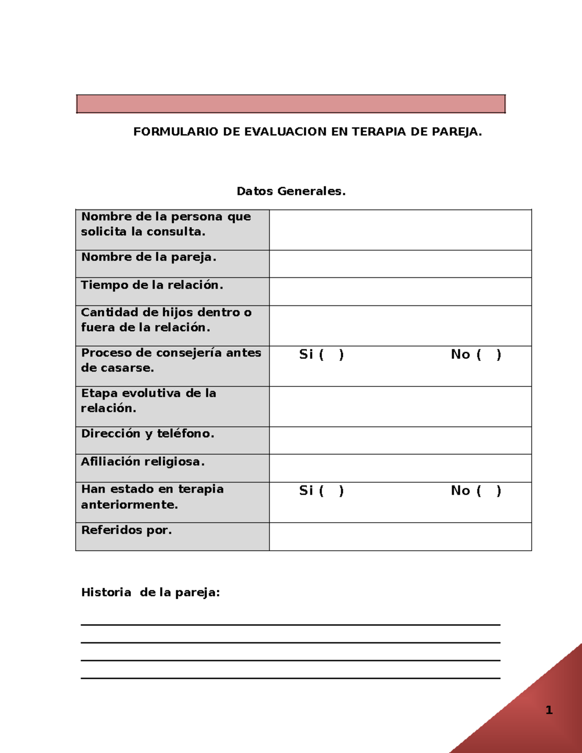 Formulario de Evaluación para Terapia de Pareja - Historia Clínica - Document Preview