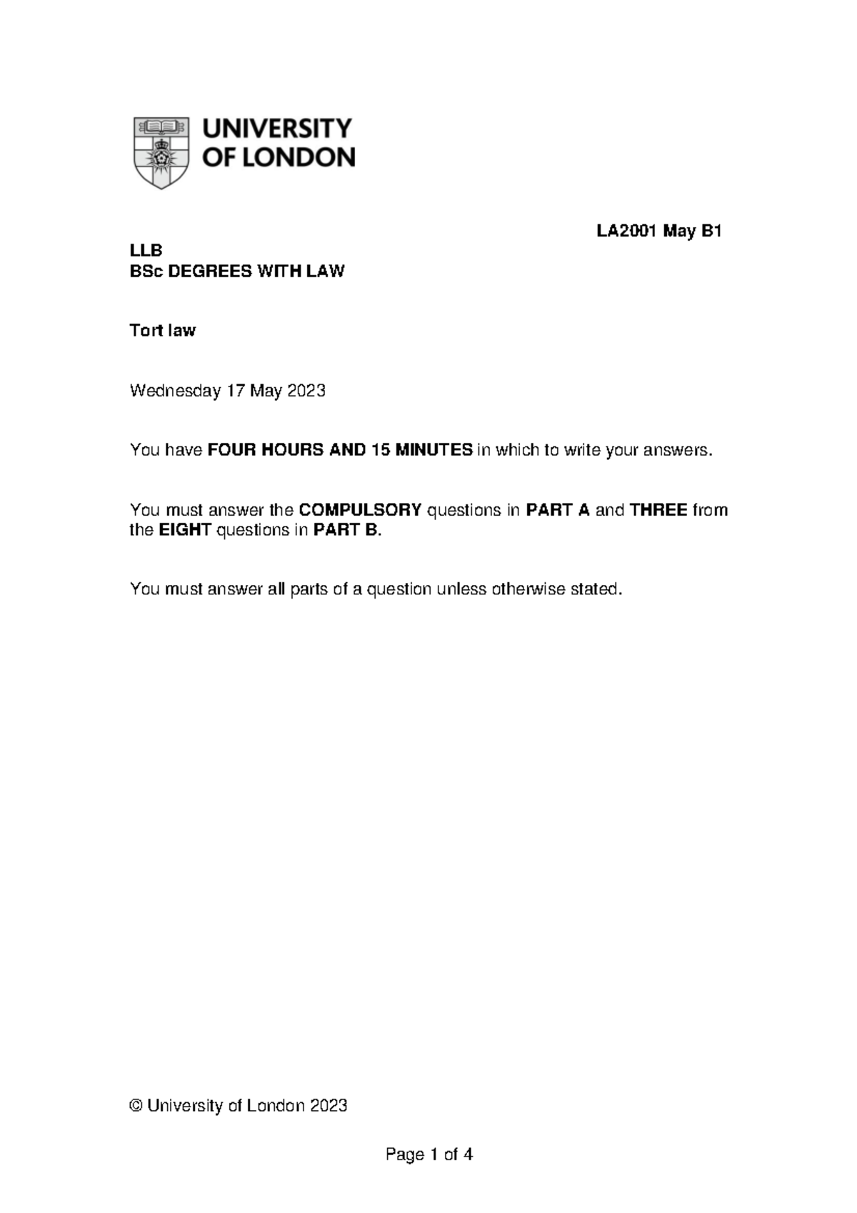 Tort Law Exam Paper 2023 - LA2001 LLB Final Assessment - Studocu