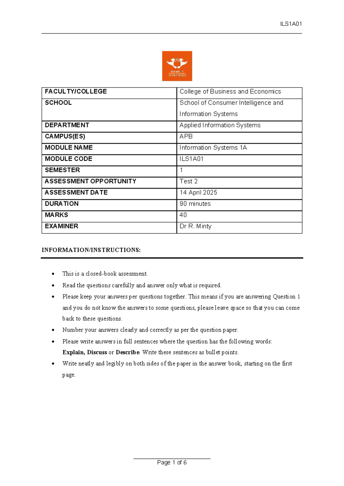 2025 ILS1A01 Test 2 Memo: Information Systems Assessment Guide - Studocu