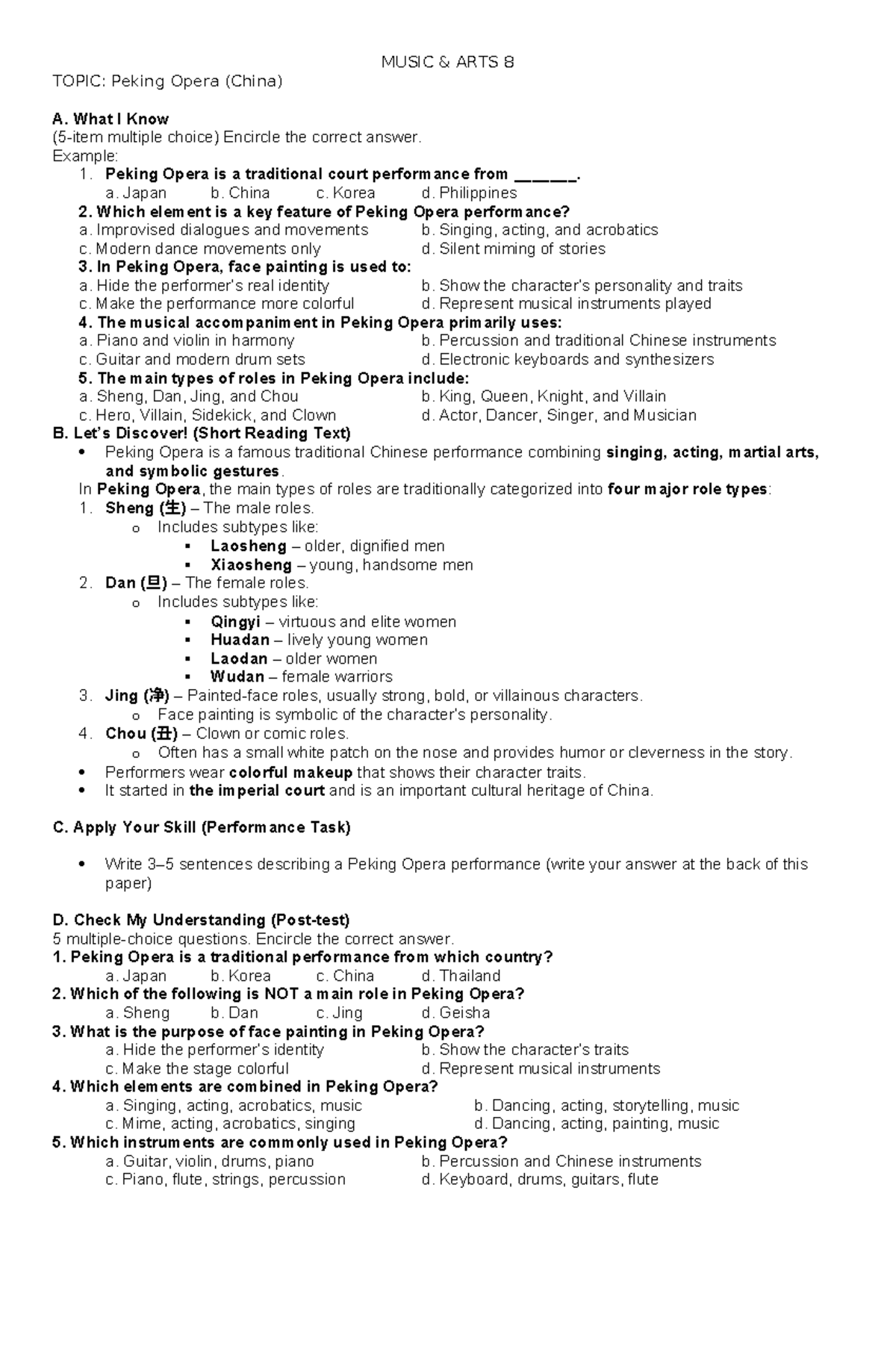 Peking Opera Overview and Quiz (MUSIC ARTS 8) - Studocu