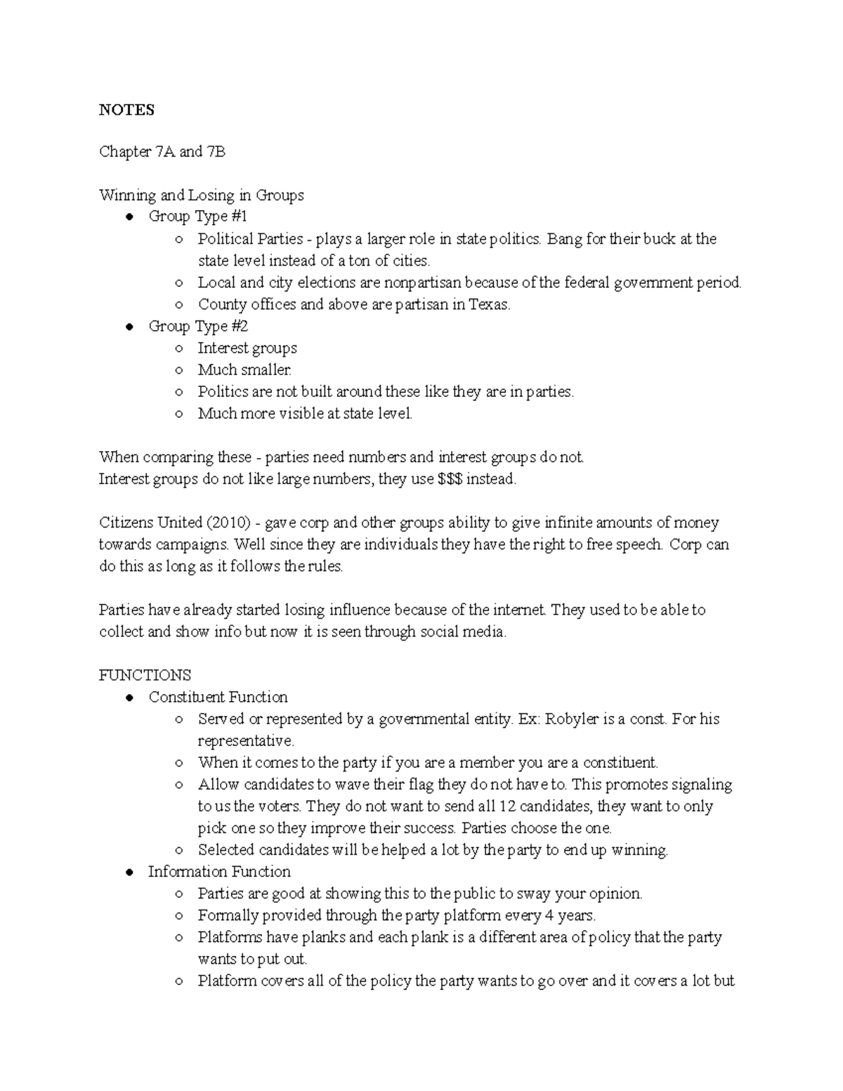 POLS 207 - Chapter 7A & 7B Notes on Political Groups & Parties - Studocu