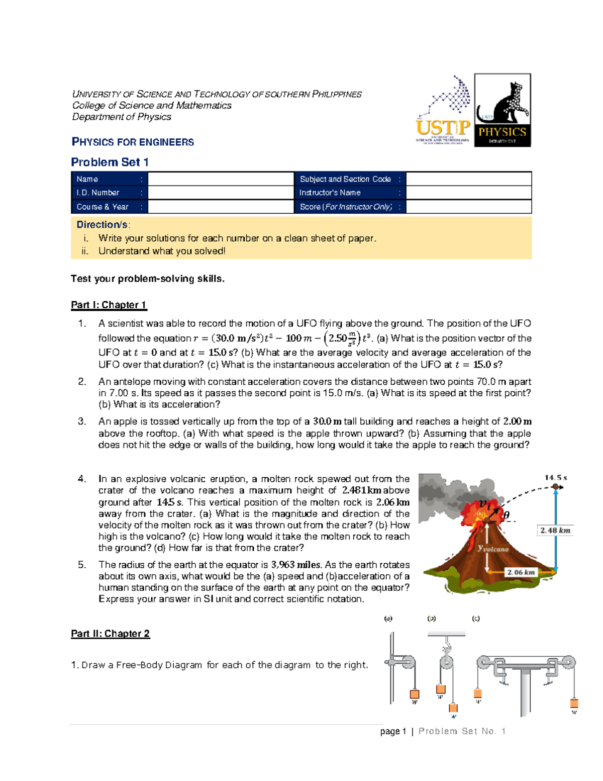 PHYS 101 Problem Set 1 - Physics for Engineers - University Guide - Studocu