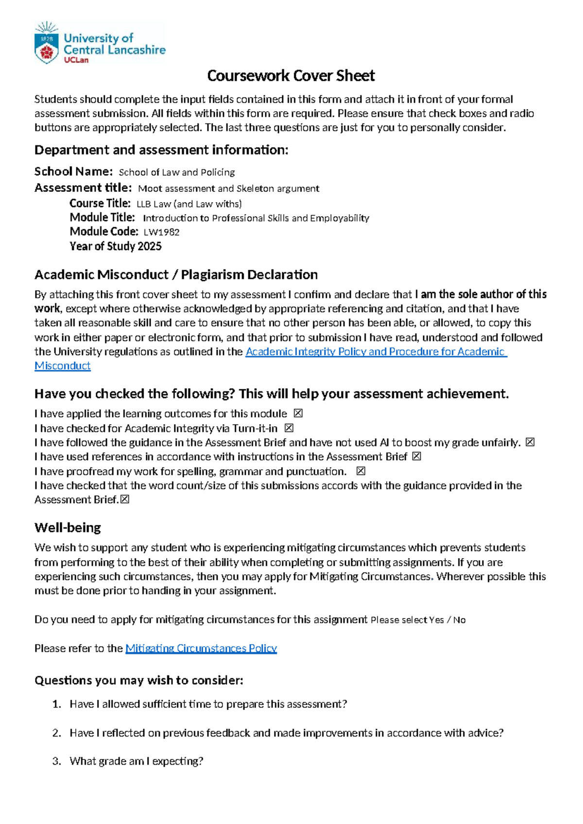 LLB Law (LW1982) Moot Assessment Skeleton Argument Example - Studocu