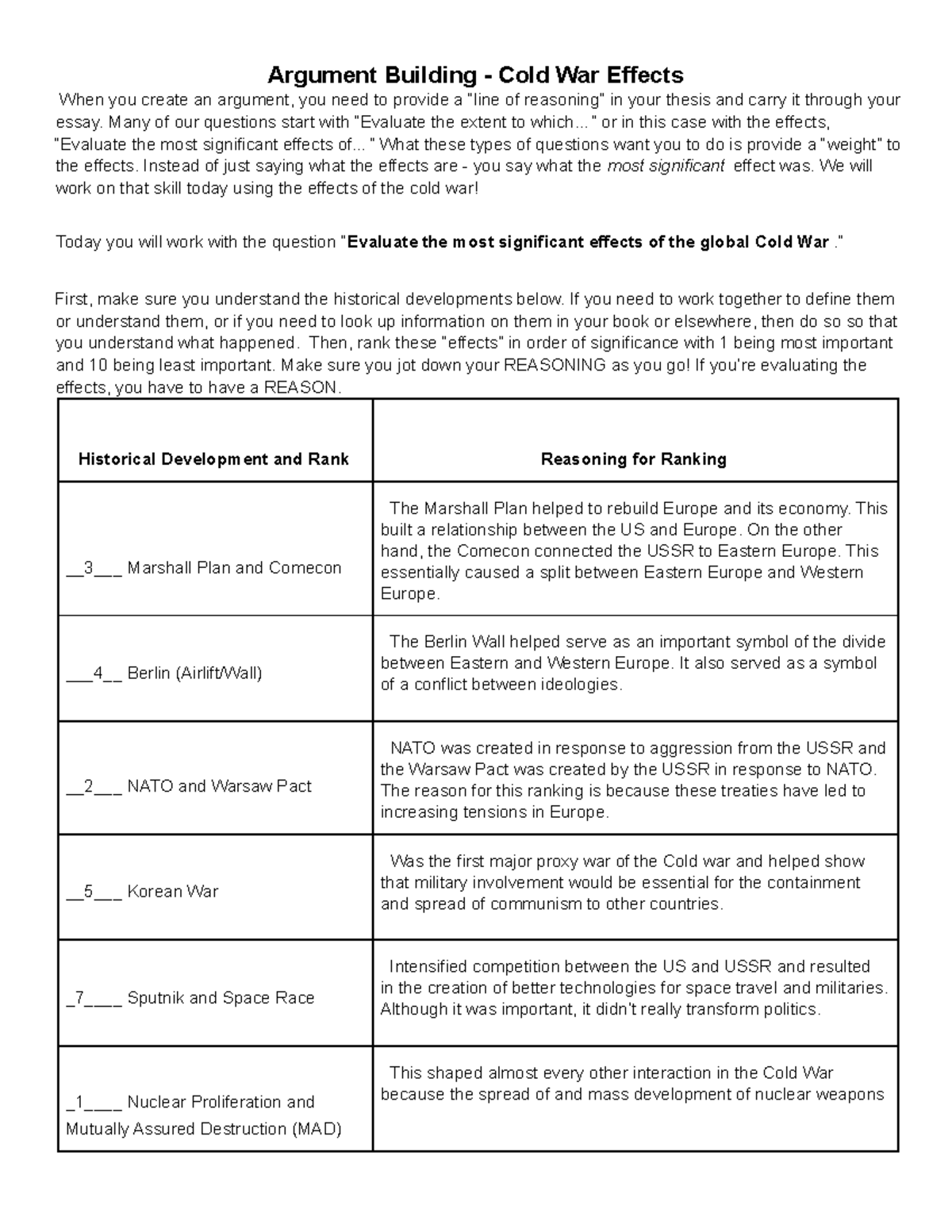 Cold War Effects Argument Building Worksheet - Studocu