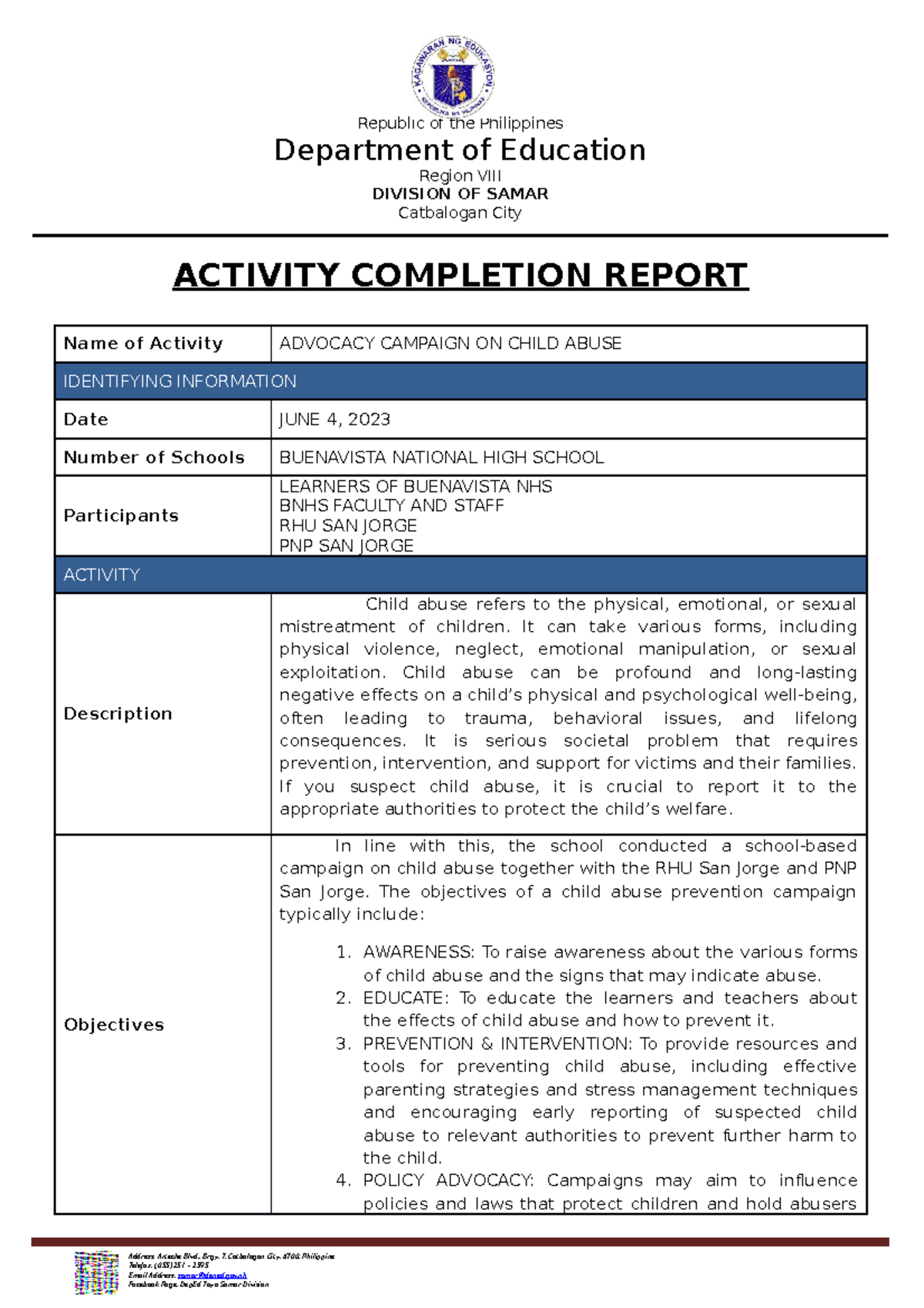 ACR-Template - Activity Completion Report on Child Abuse Campaign - Studocu