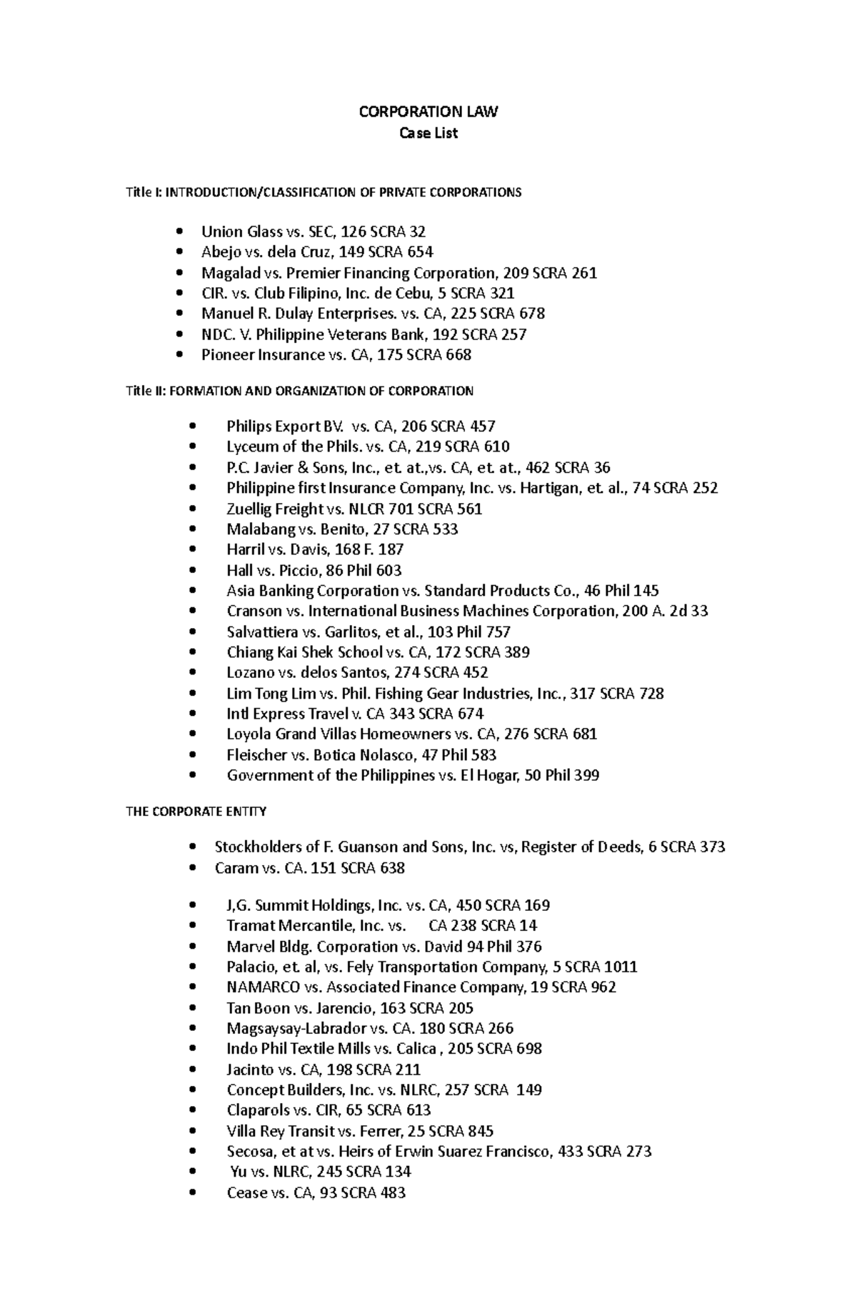 Corpo Law Case List - Part I (CORP 101) - Studocu