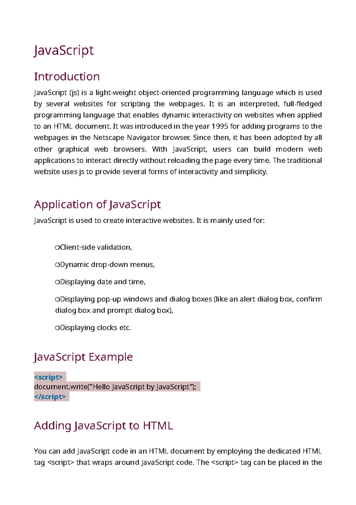 JavaScript (JS) Programming Language: Comprehensive Study Notes - Studocu