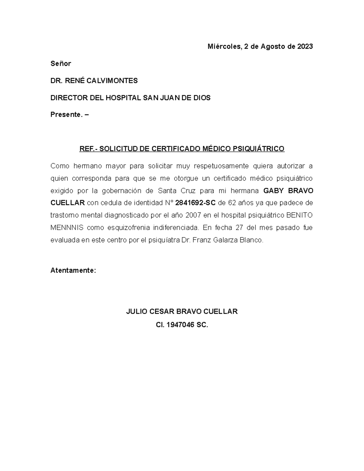 Solicitud de Certificado Médico Psiquiátrico - Gaby Bravo Cuellar - Document Preview
