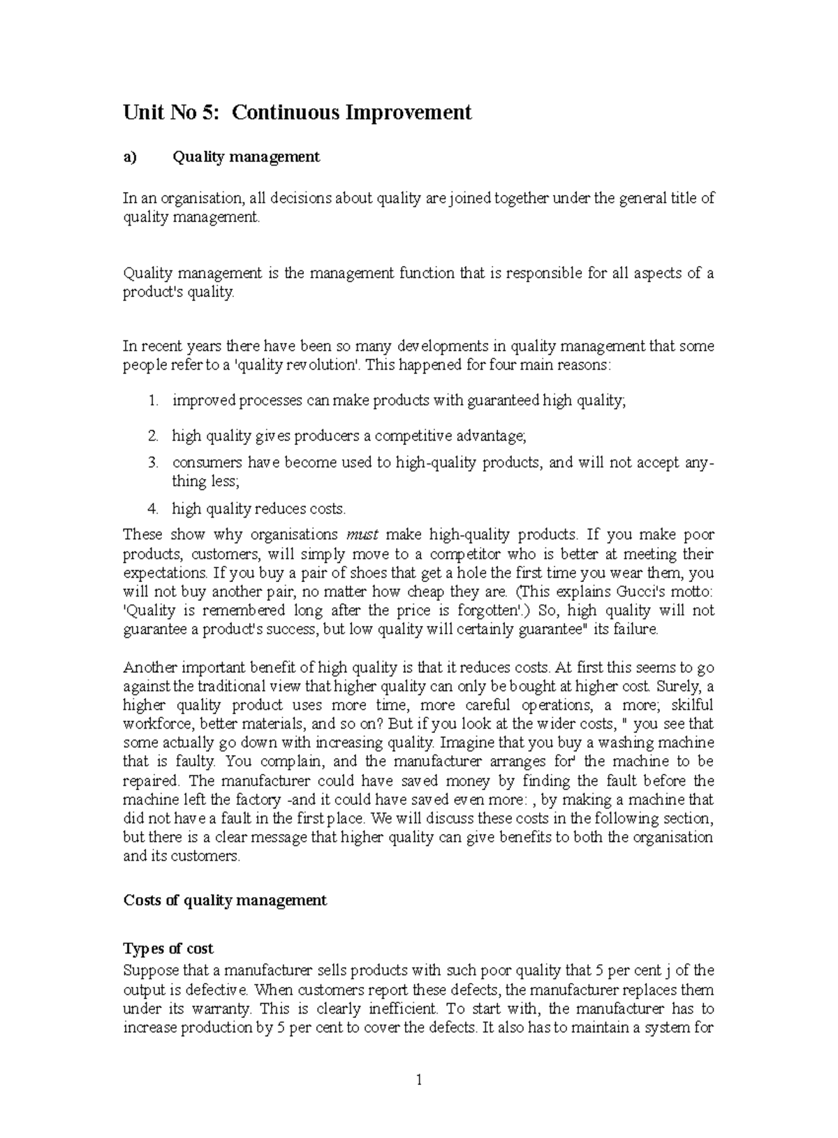 Operations MGT Unit 5 - Continuous Improvement and Quality Management ...