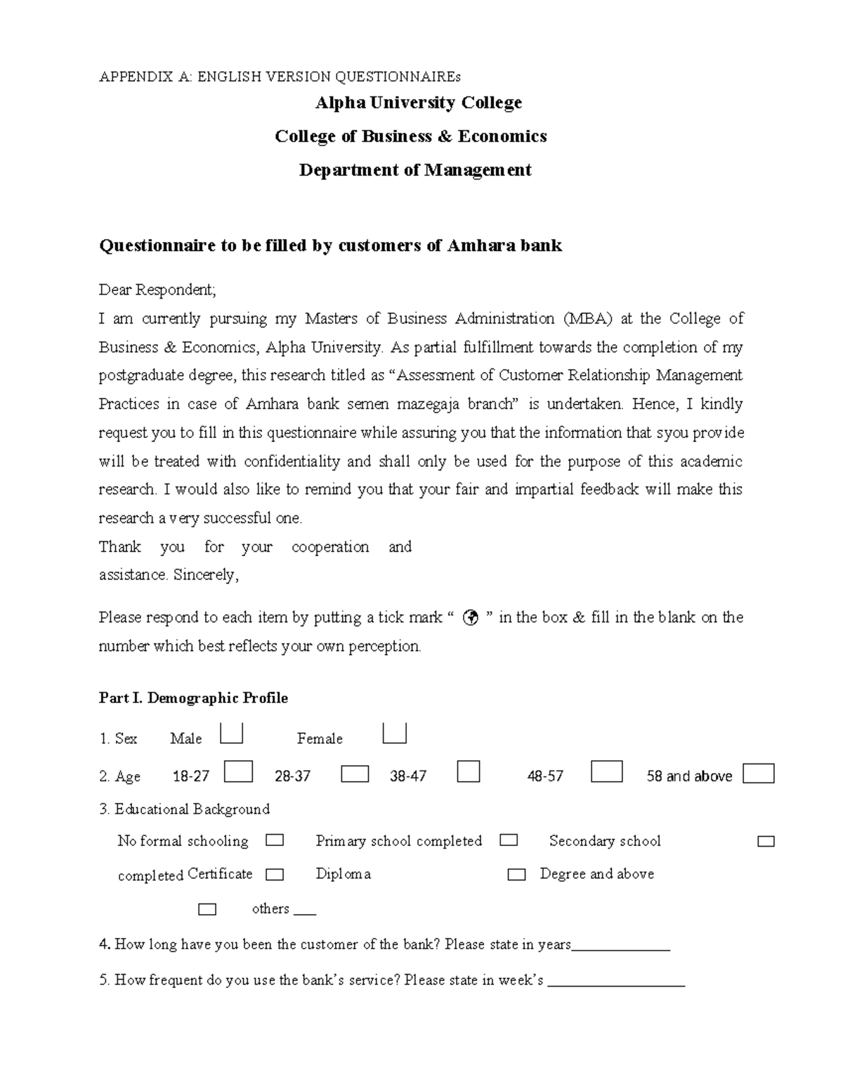 Appendix A: Customer Relationship Management Survey - MBA Thesis - Studocu