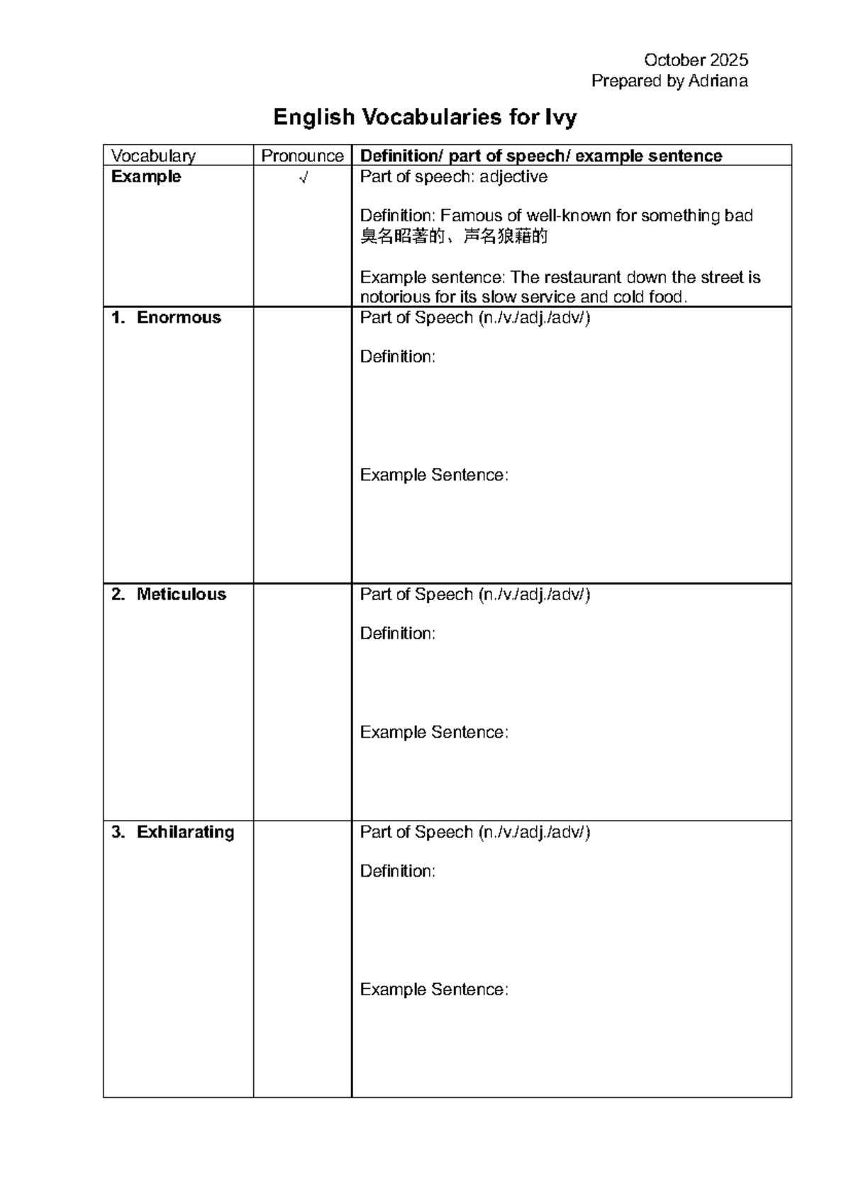 October 2025 English Vocabulary Notes for Ivy Prep - Studocu