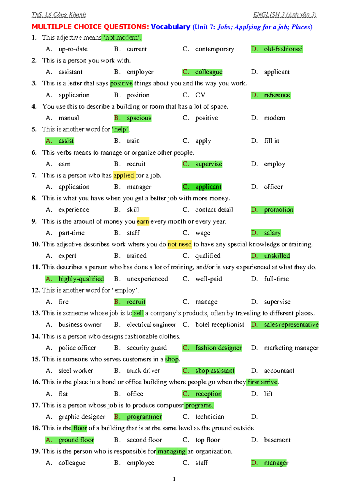 AV3 - Multiple Choice Questions: Vocabulary and Grammar Unit 7 & 8 - Studocu