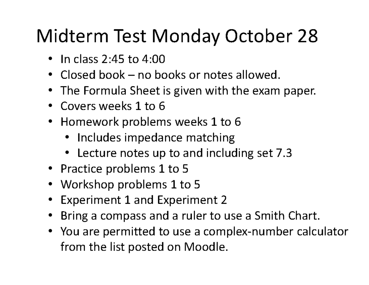 Midterm Test October 28 - Midterm Test Monday October 28 • In class 2: ...