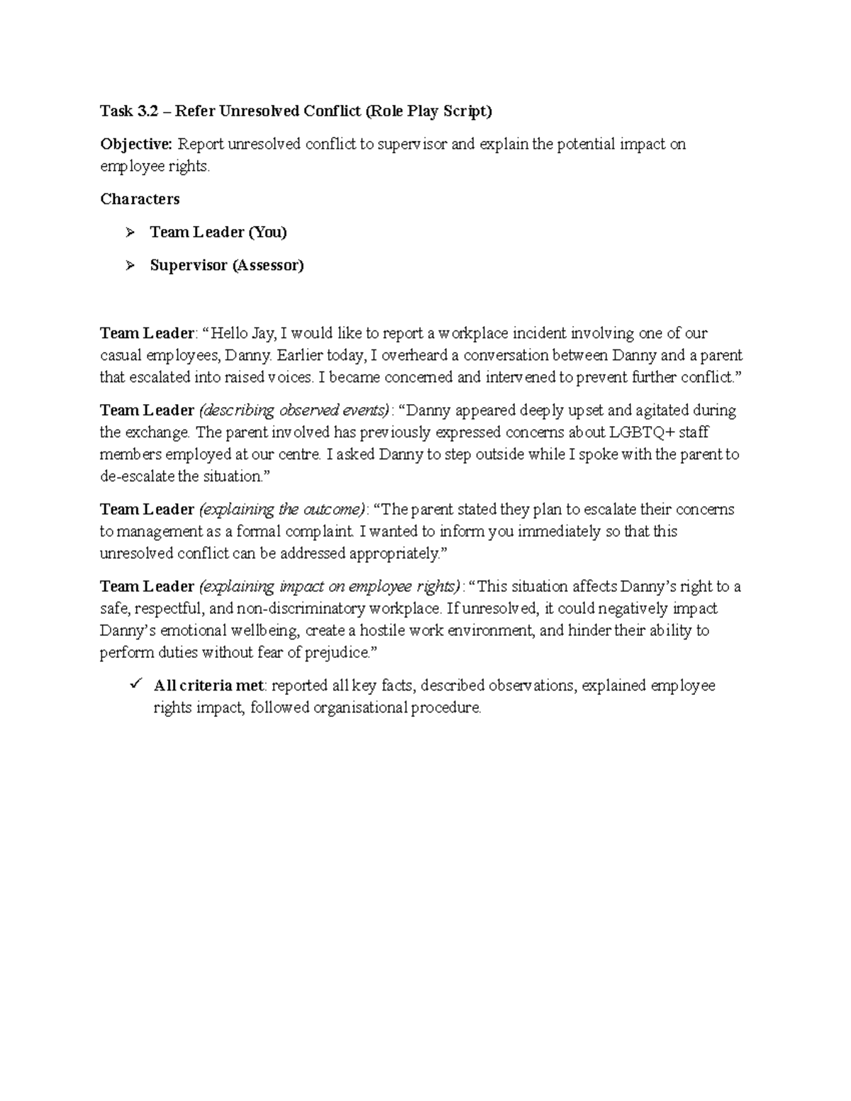 Task 3.2 Role Play Script: Reporting Unresolved Conflict - Studocu