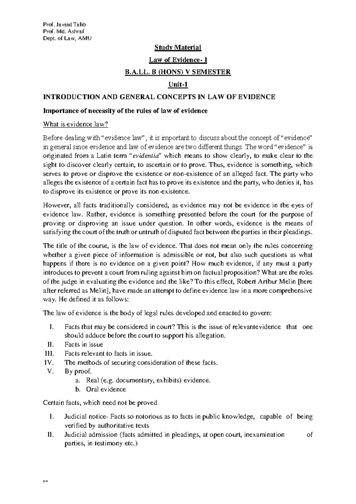 100016346 - Compiled Notes on Unit 1: Law of Evidence (B.A.LL.B V ...
