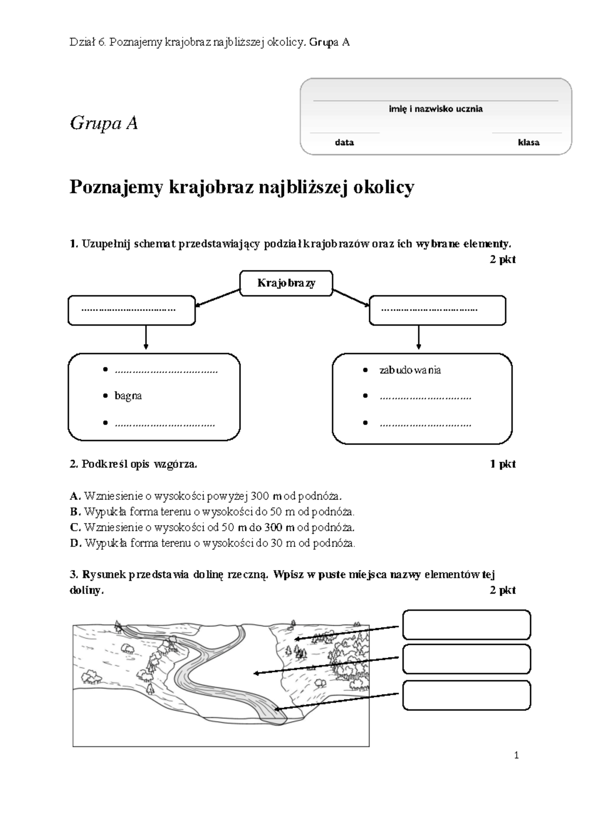 Sprawdzian klasa IV: Poznajemy krajobraz najbliższej okolicy - Studocu