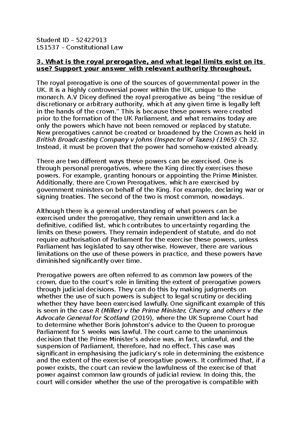 LS1537 Constitutional Law Final Exam: The Royal Prerogative Explained ...