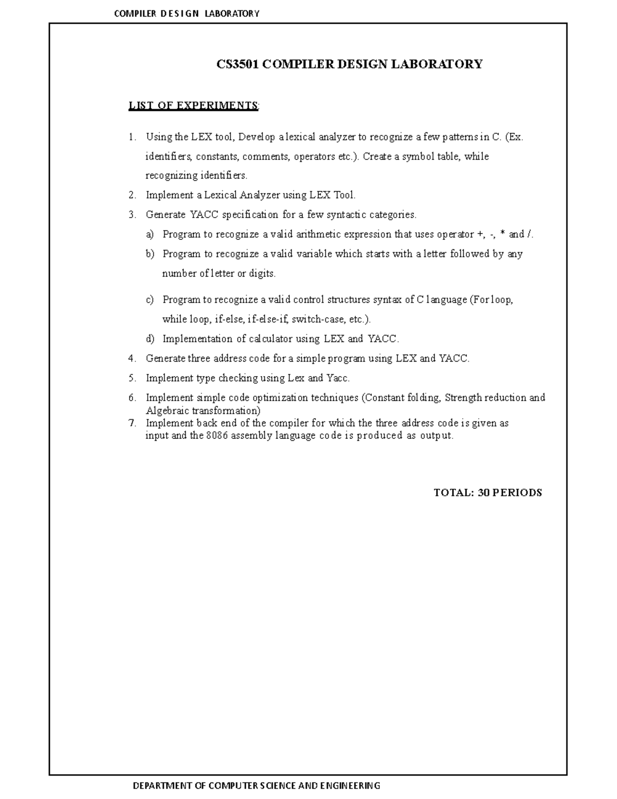 Cd lab - notes - CS3501 COMPILER DESIGN LABORATORY LIST OF EXPERIMENTS ...