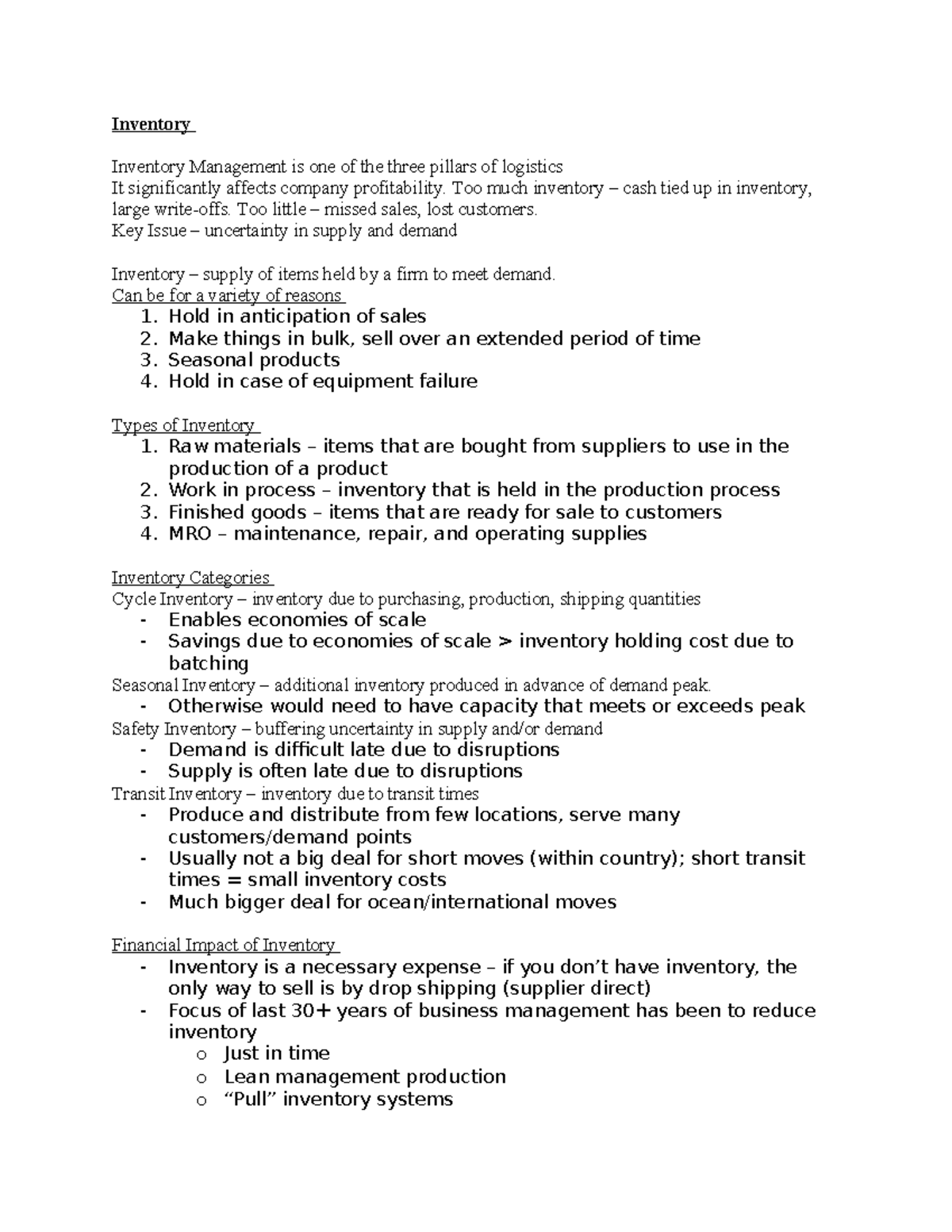 Inventory Management: Key Concepts and Cost Implications - Notes - Studocu