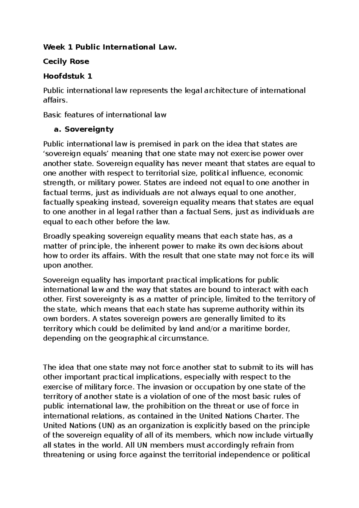 Public International Law Overview - Week 1 (Cecily Rose) - Studeersnel