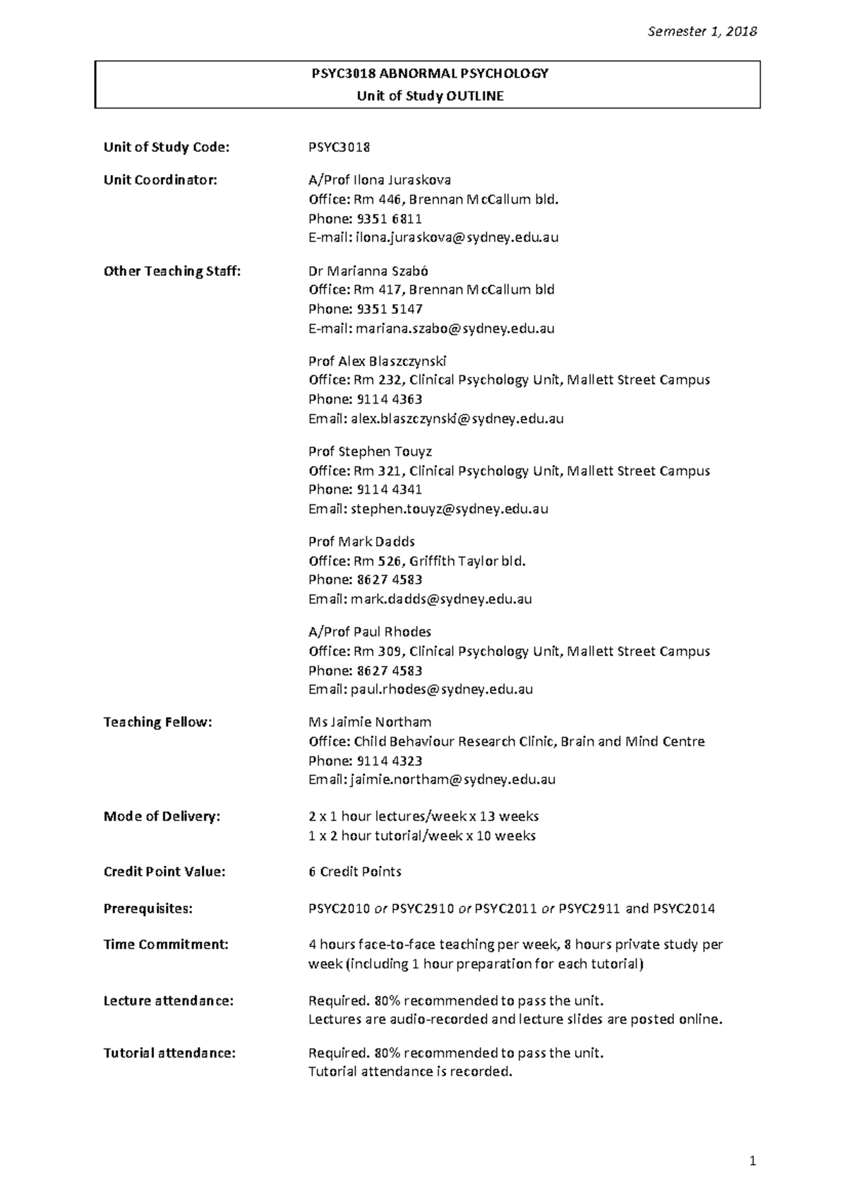 PSYC3018 Abnormal Psychology Unit Outline - Semester 1, 2018 - Studocu