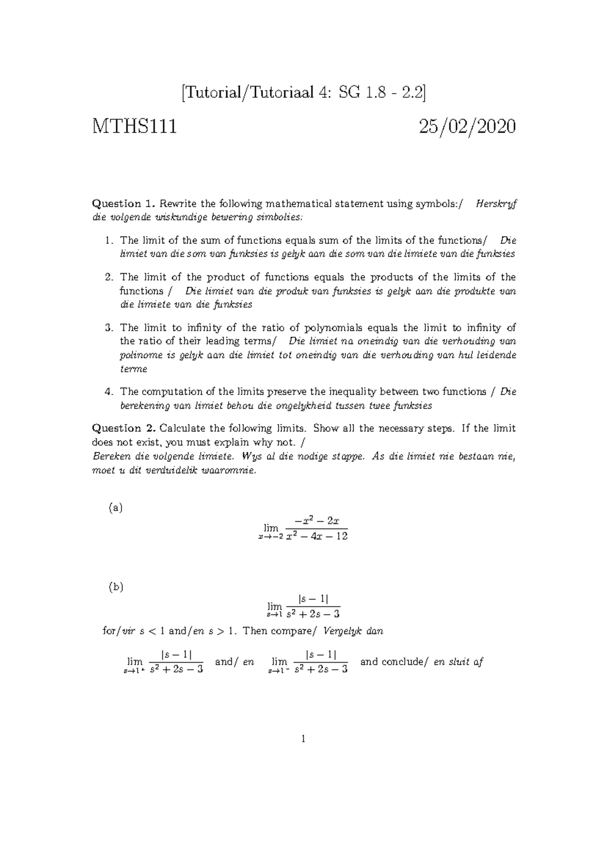 MTHS111 Tutorial Test 3A and 3B: Limit Concepts and Proofs - Studocu