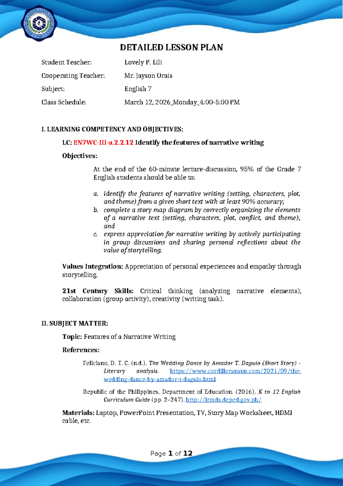 Grade 7 English Lesson Plan: Features of Narrative Writing (March 12 ...
