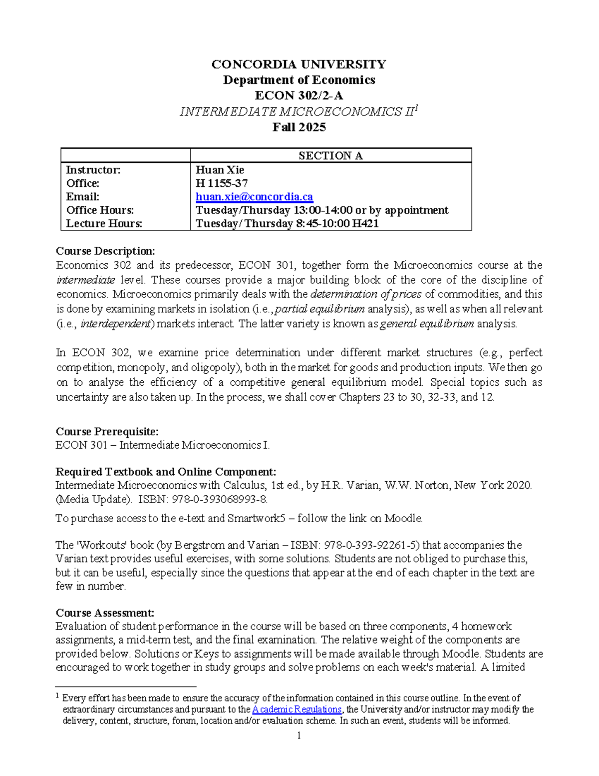 ECON 302 - Intermediate Microeconomics II - Fall 2025 Course Outline ...