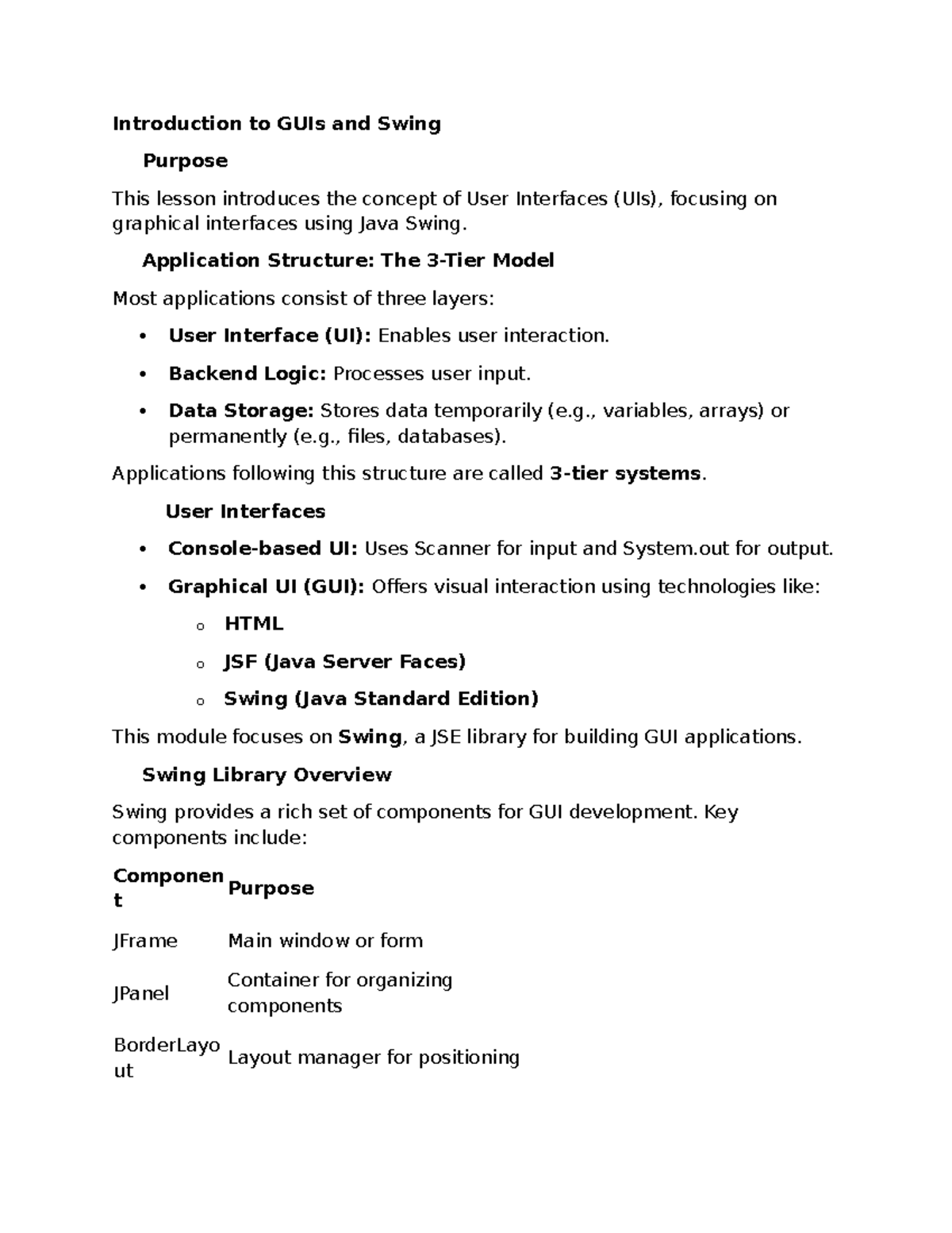 Java Swing and GUI Development: A Comprehensive Lesson - Studocu