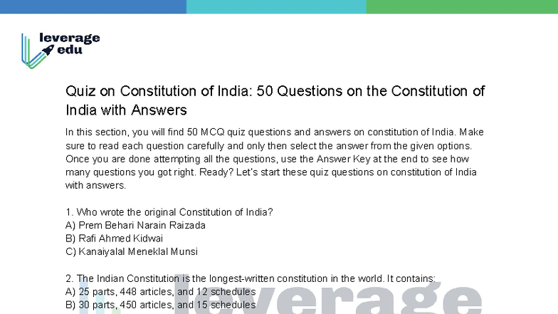 Indian Constitution Quiz Questions - Quiz on Constitution of India: 50 ...