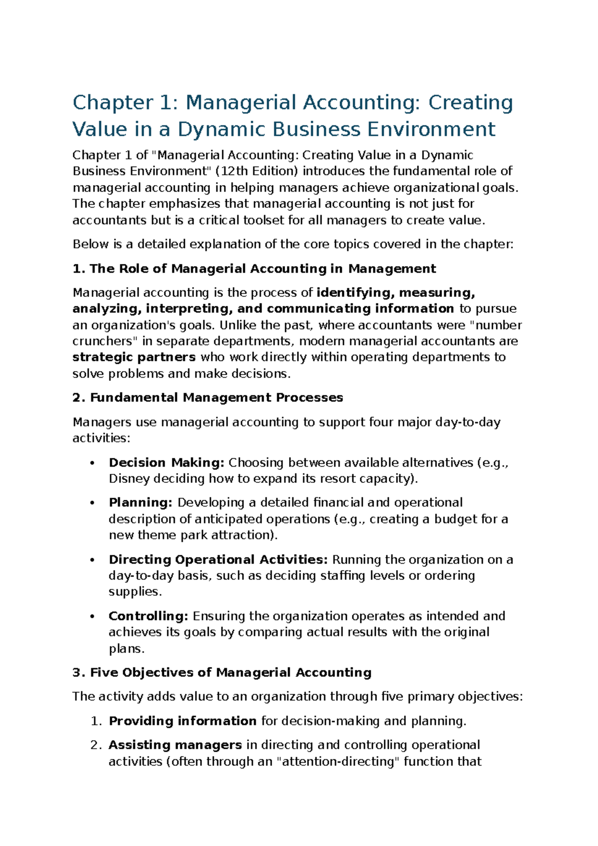 MA 101: Chapter 1 - Managerial Accounting Fundamentals and Value ...
