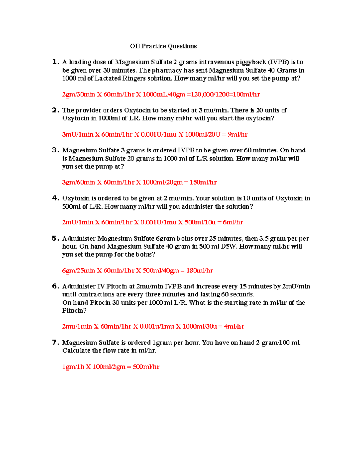 OB Practice Questions & Pediatric Dosage Calculations for 2nd Sem - Studocu