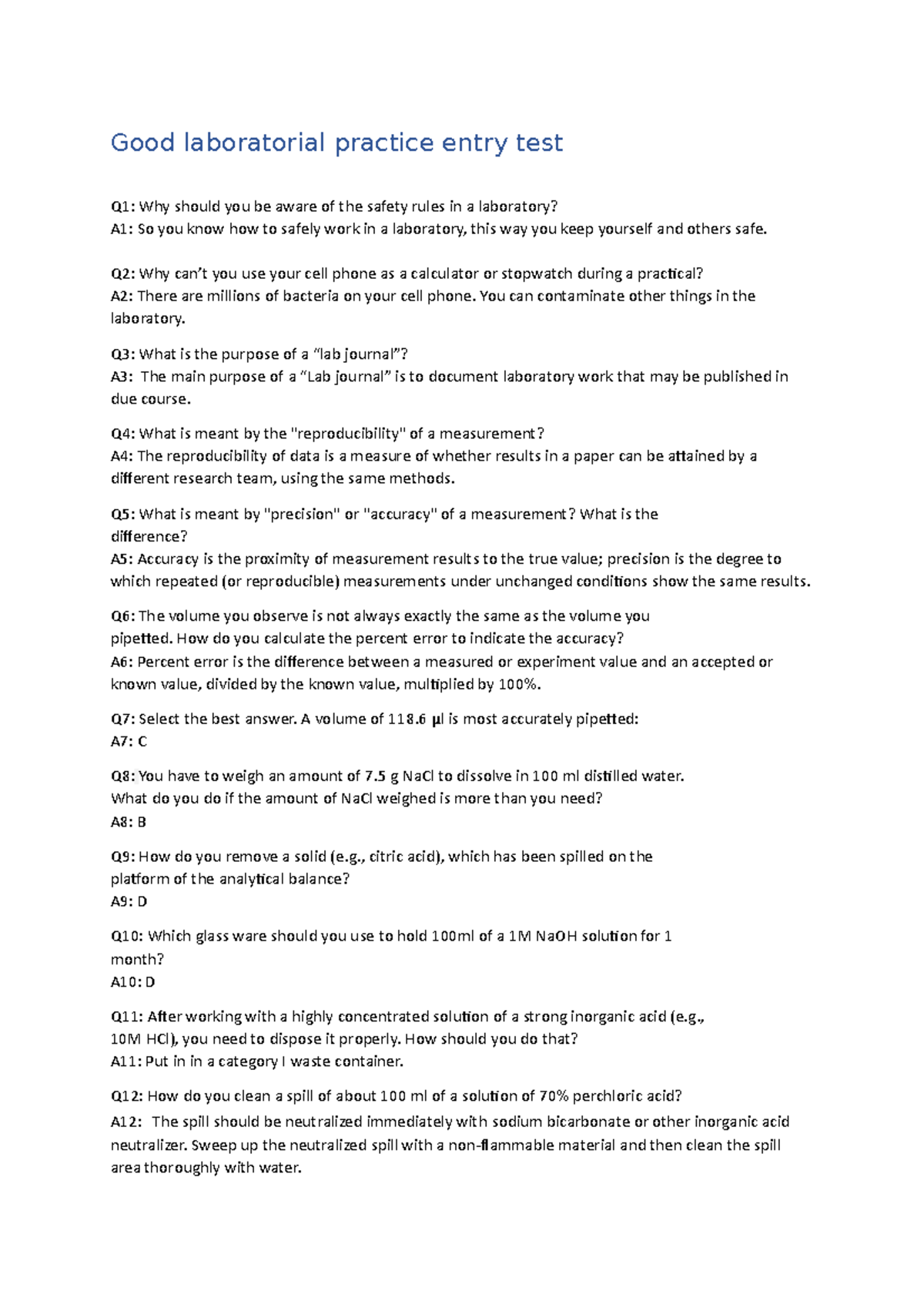 Entry Test on Good Laboratory Practice (GLP 101) - Studeersnel