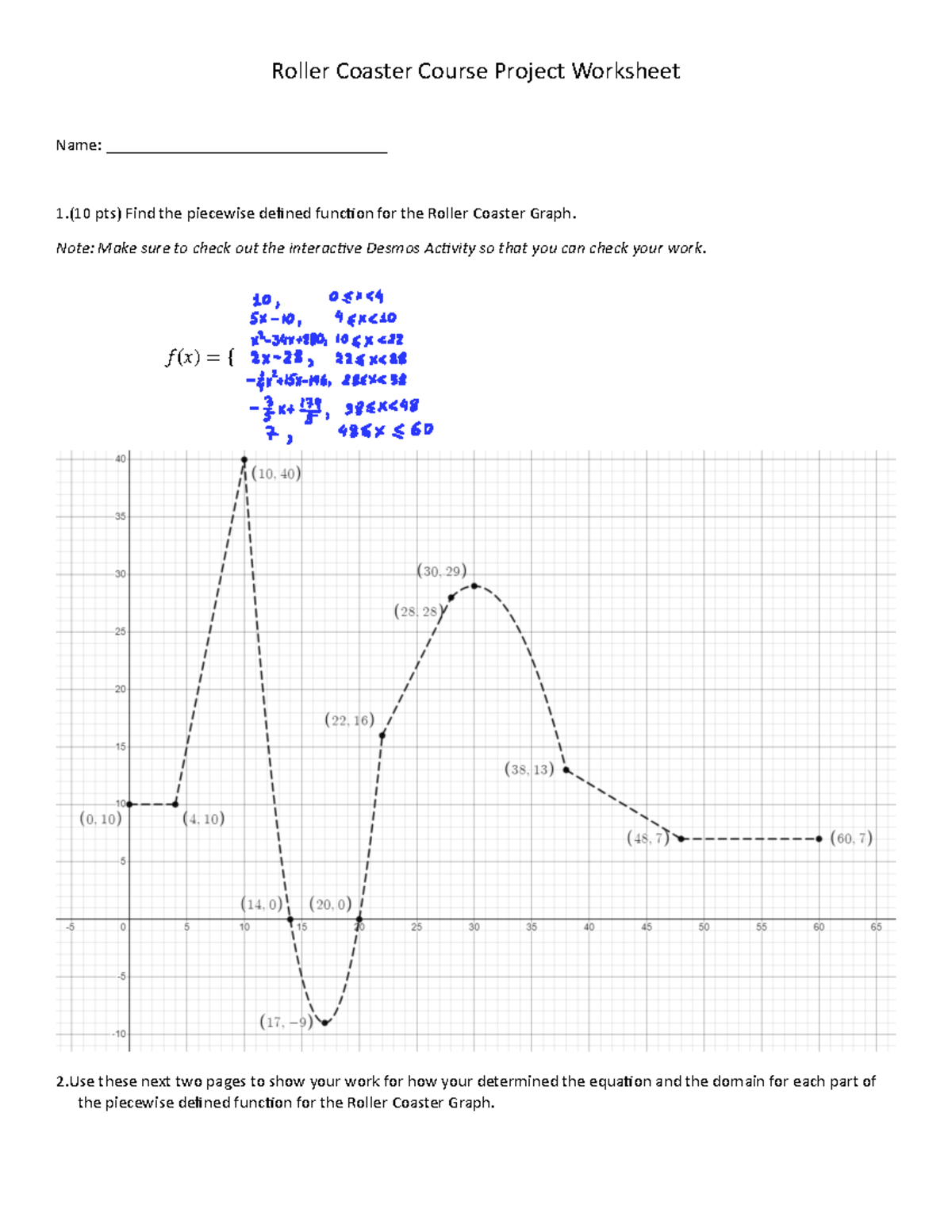 Roller Coaster Project Worksheet 1 - Piecewise Function Analysis - Studocu