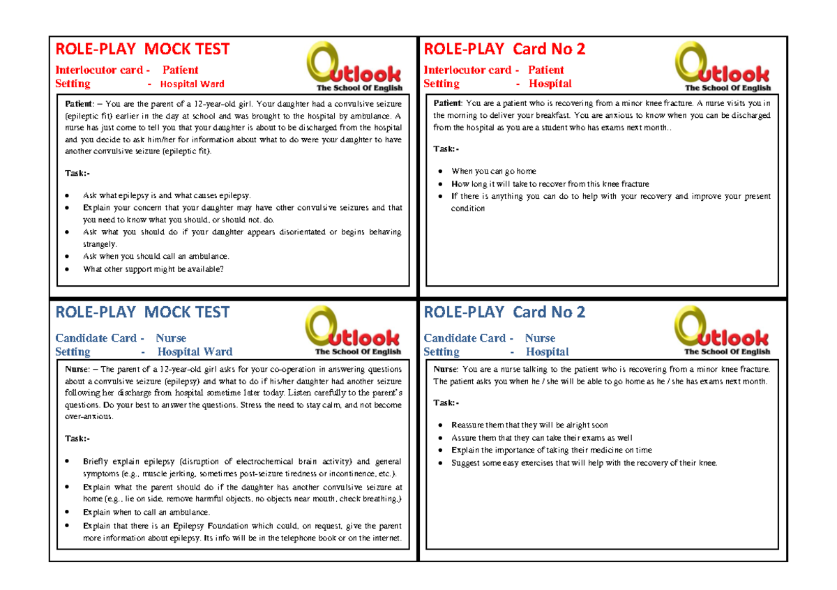 429907230 OET Speaking Role-Play Mock Test Cards Overview - Studocu