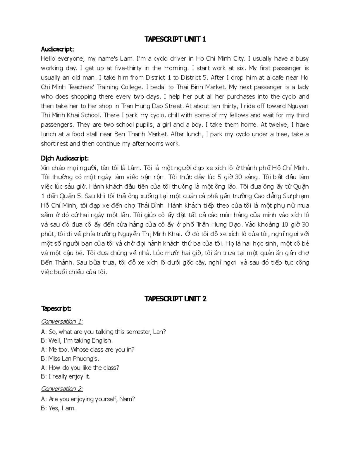 Tapescript LỚP 10 - Listening Scripts for Unit 1 & Unit 2 - Studocu