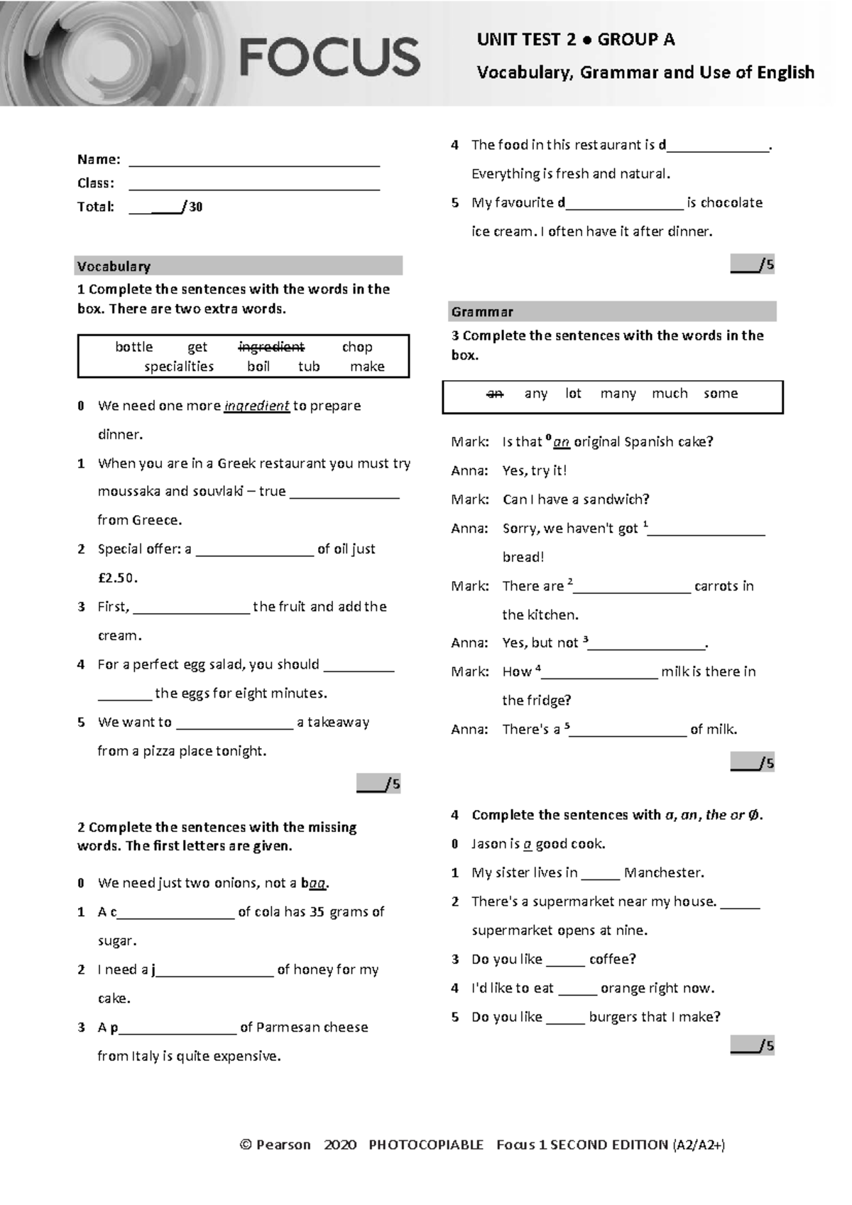 Focus 1 2E Unit Test 2 Group A: Vocabulary & Grammar Review - Studocu
