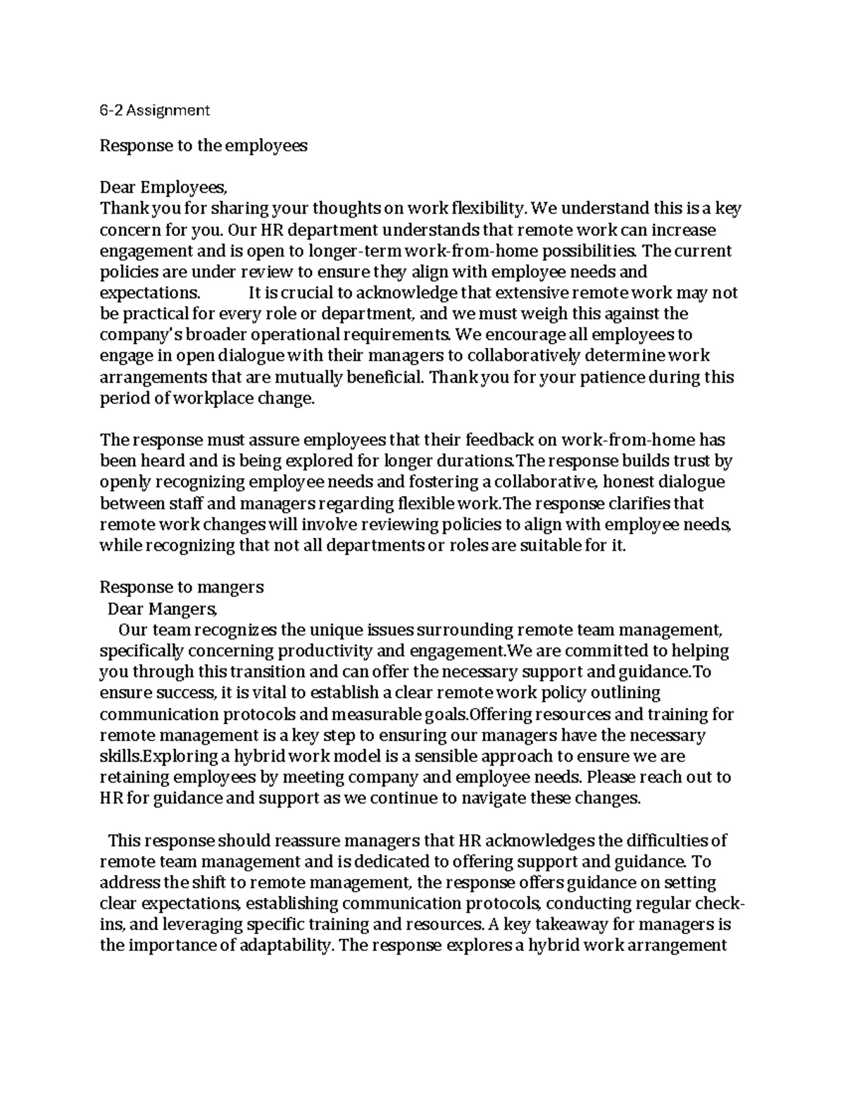 6-2 Assignment: HR Response to Employee & Manager Concerns on Remote ...