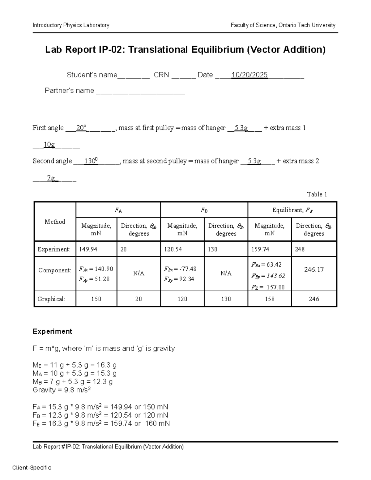 Physics 1010U Lab Report: Translational Equilibrium Analysis - Studocu