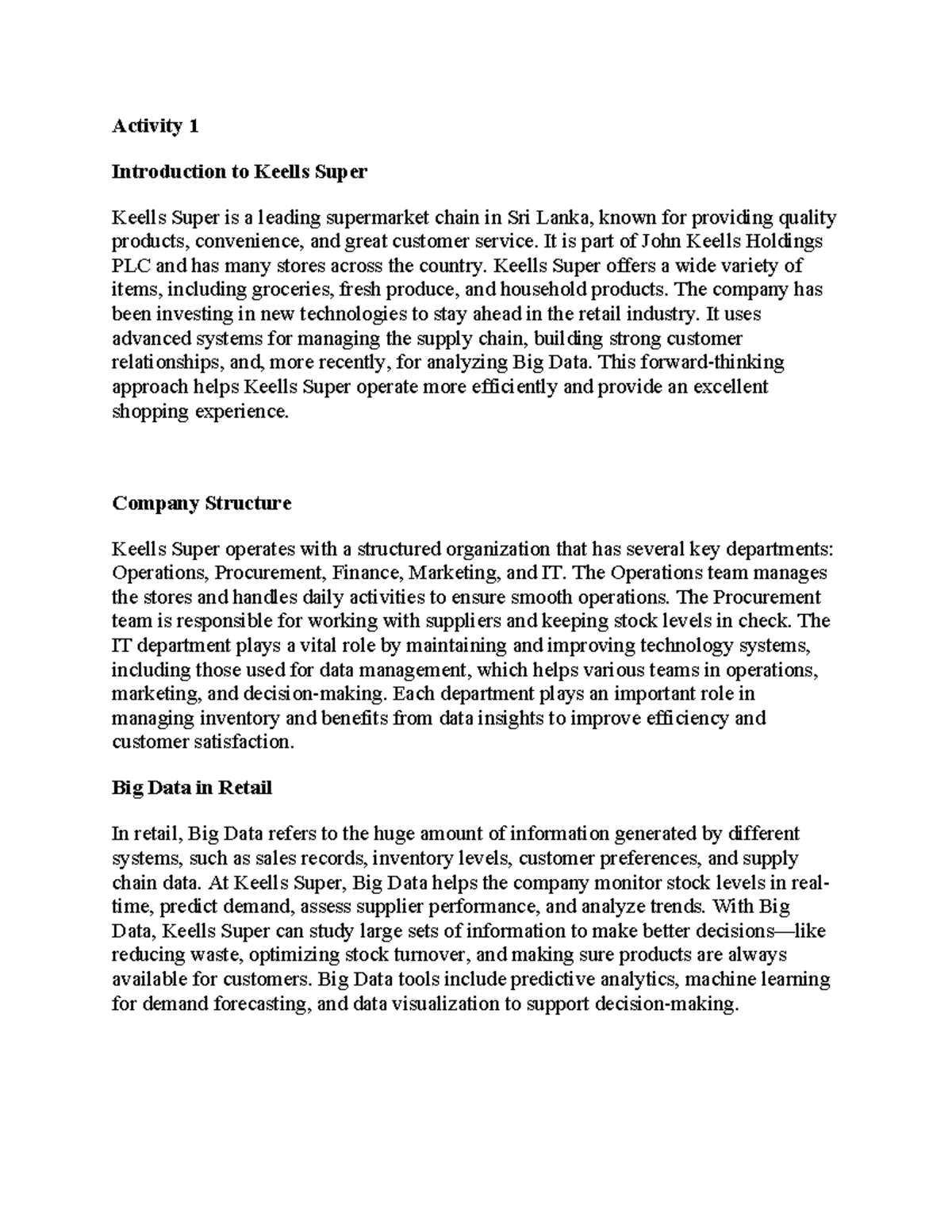 Pcp model answers - Activity 1 Introduction to Keells Super Keells ...