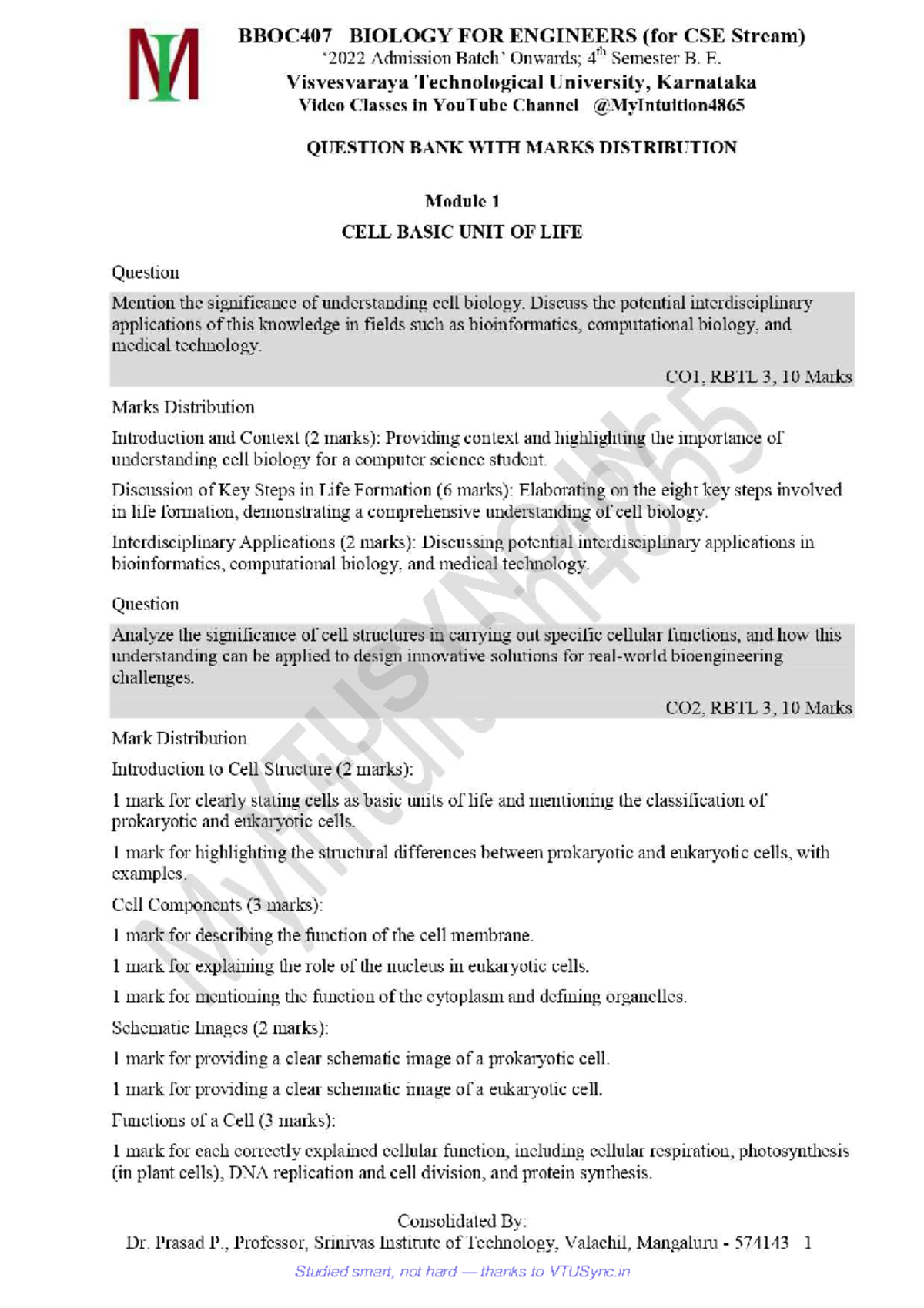 BBOC407 Biology for Engineers: Question Bank with Marks Distribution ...