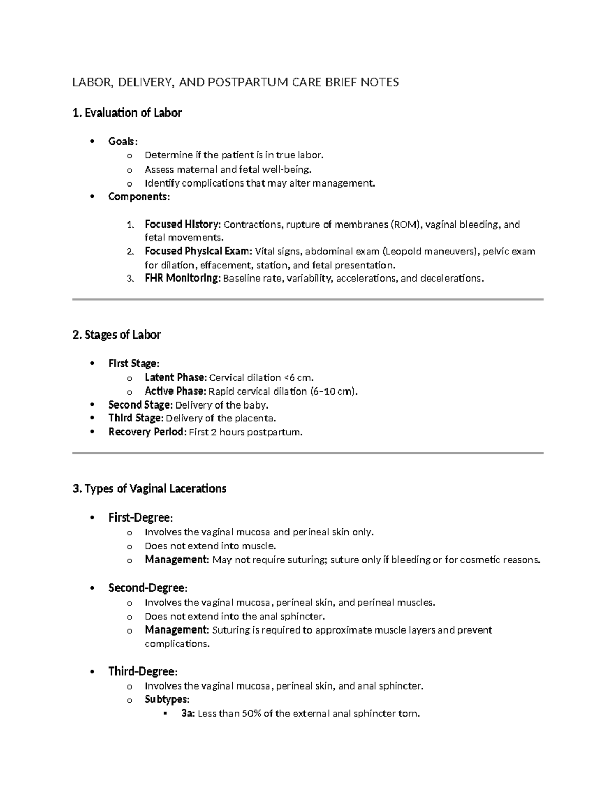 Labor and Delivery (NURS 101) Lecture Brief Notes - Studocu
