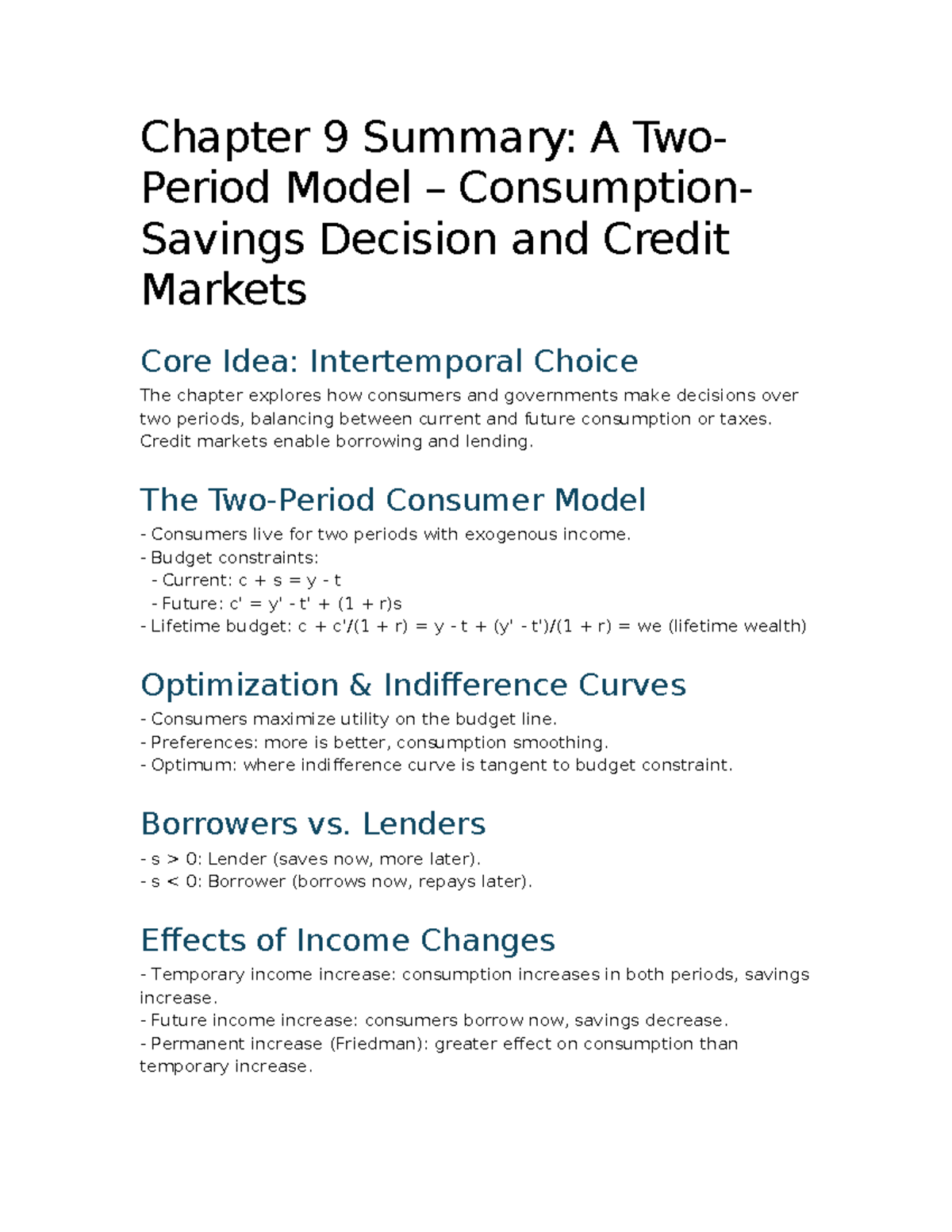 Chapter 9 Summary: Two-Period Consumption-Savings Model & Credit ...