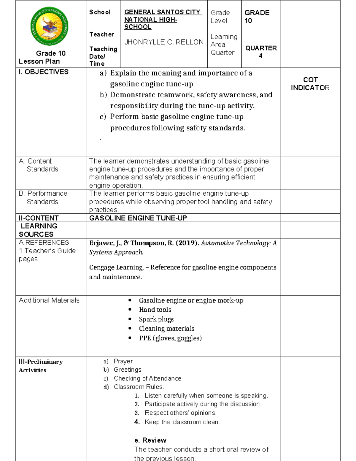 Grade 10 Lesson Plan: Gasoline Engine Procedures and Safety - Studocu