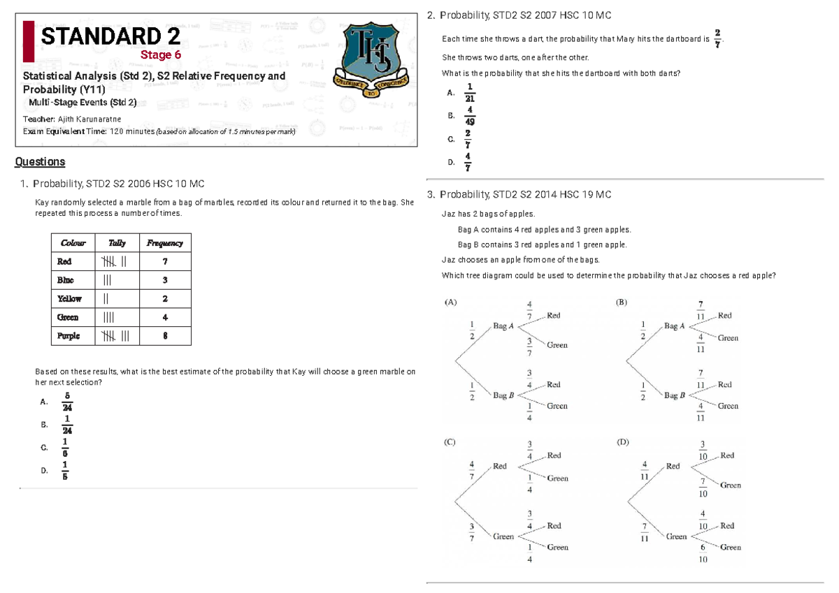 Y11 Probability & Relative Frequency: Std 2 S2 Exam MC Questions - Studocu