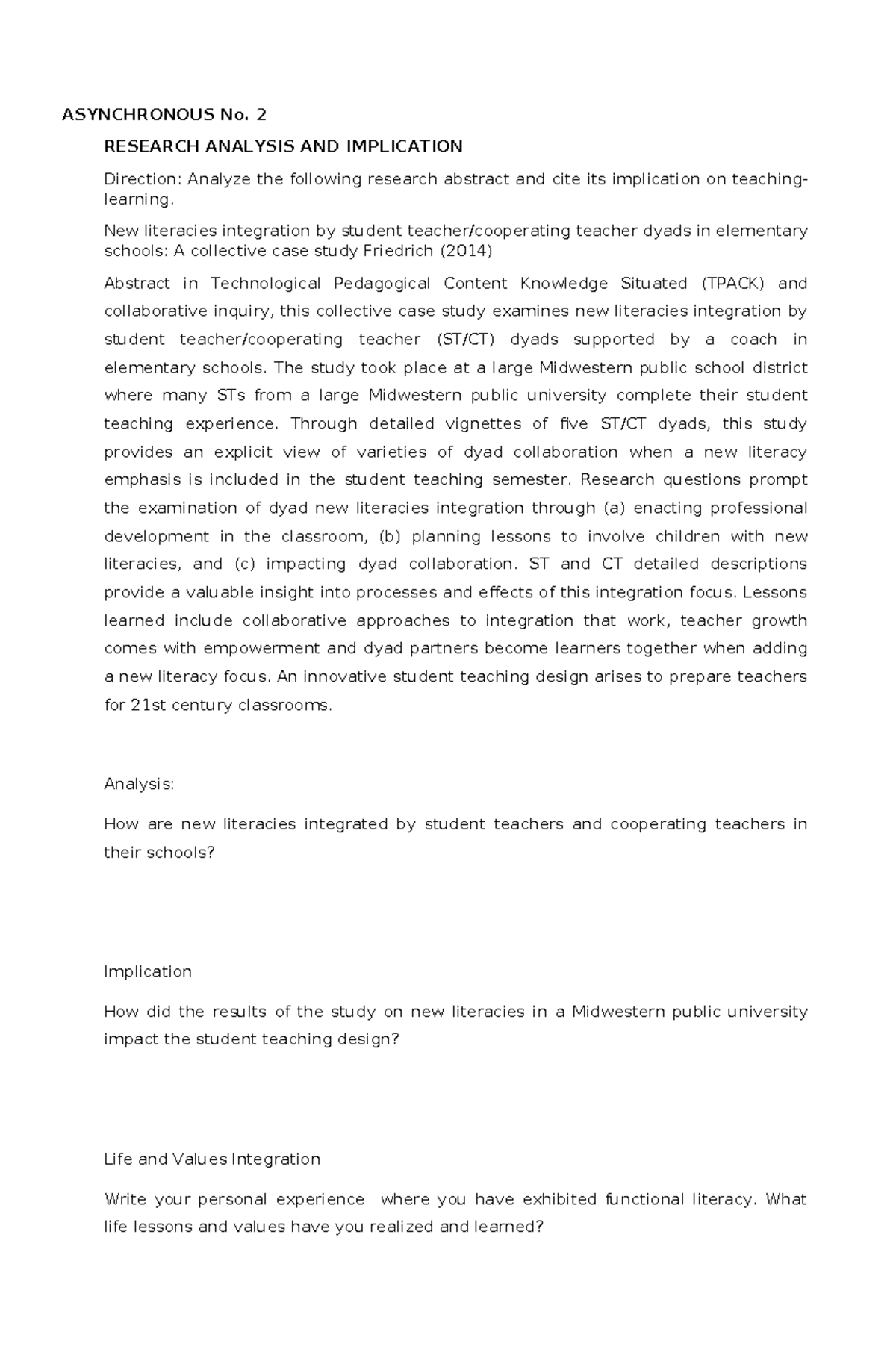 Asynchronous 2: Research Analysis on New Literacies Integration in ...