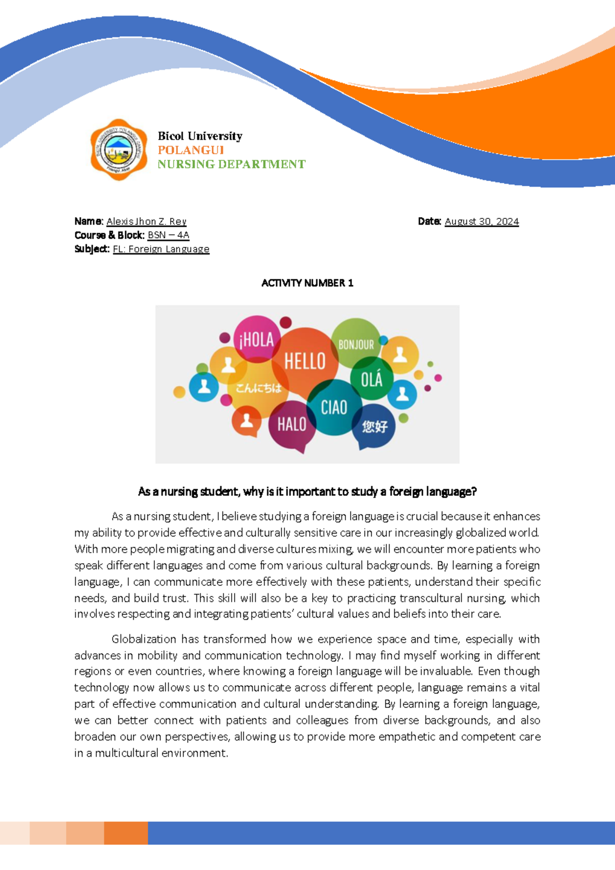 The Importance of Foreign Language in Nursing (BSN 4A - Activity 1 ...