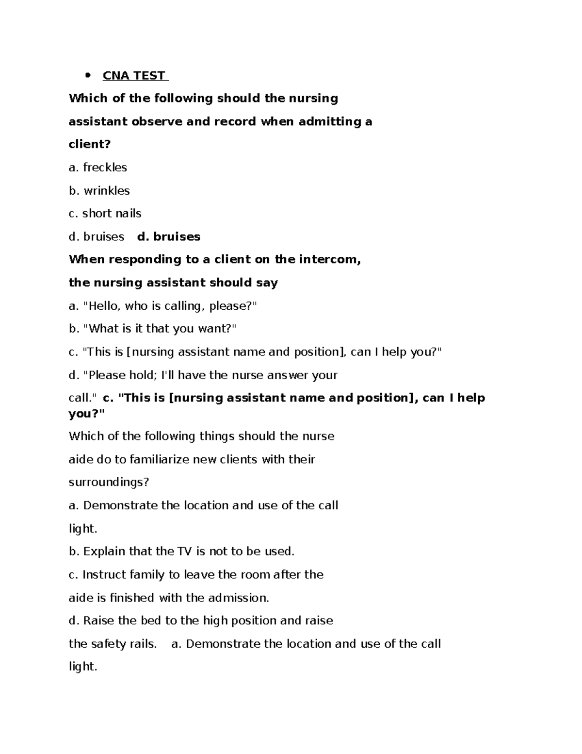 CNA test: Observations and procedures for nursing assistants - Studocu