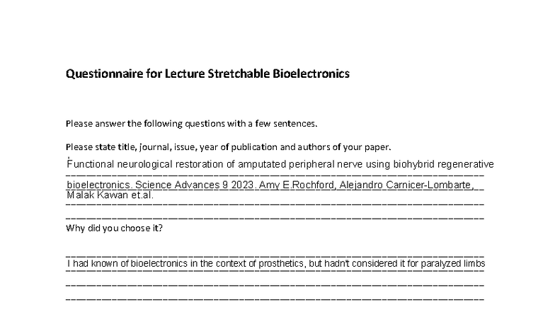 Questionnaire for Lecture on Stretchable Bioelectronics - Studocu